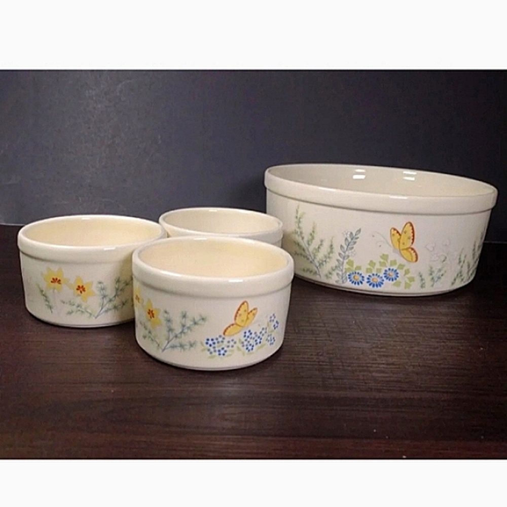 Lenox Cuisine China Cinderella Butterfly Round Souffle Dish 7" & 3 small Dishes